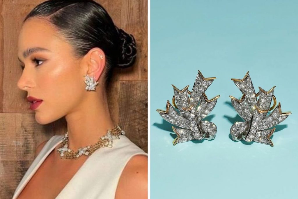 Bruna Marquezine com brincos de diamantes e brilhantes da Tiffany & Co.