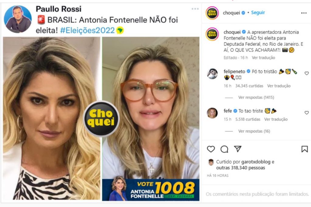 Felipe Neto comemorando derrota de Antonia Fontenelle no Instagram