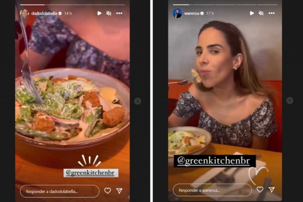 Fotomontagem de stories de Dado Dolabella e Wanessa Camargo postando o mesmo prato de salada