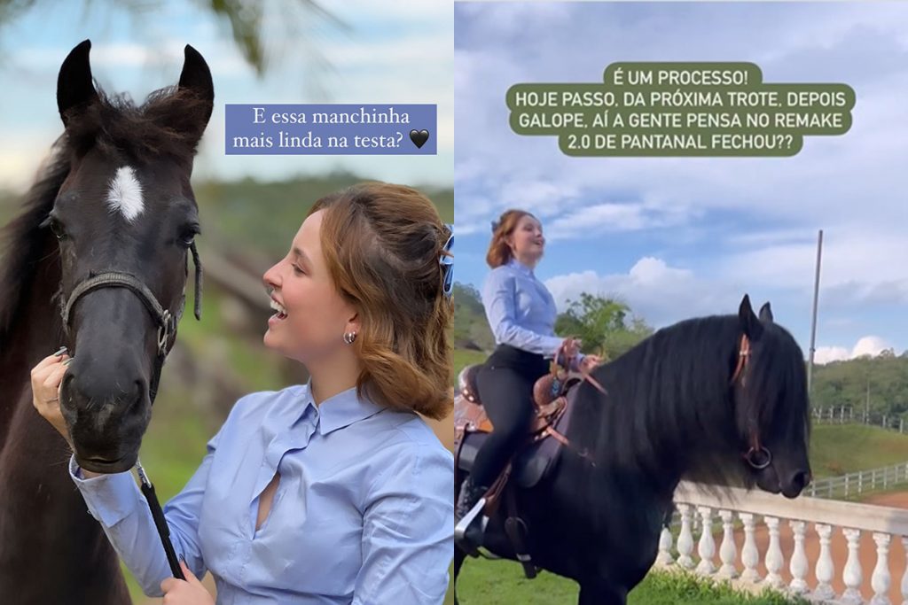 Larissa Manoela anda a cavalo e brinca sobre remake de Pantanal