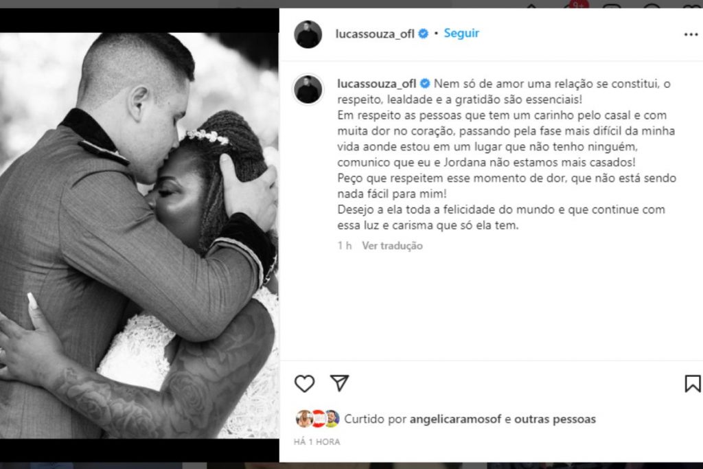 Lucas Souza fez um post anunciando a separação de Jojo Todynho