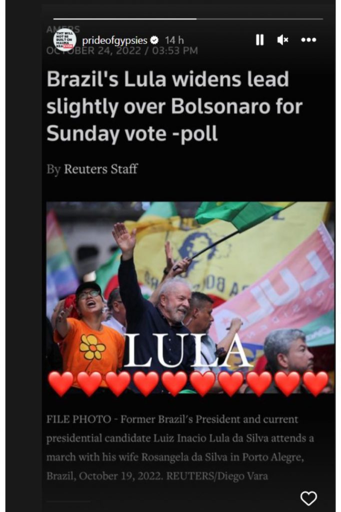 Post do ator Jason Momoa em apoio a Luiz Inácio Lula da Silva