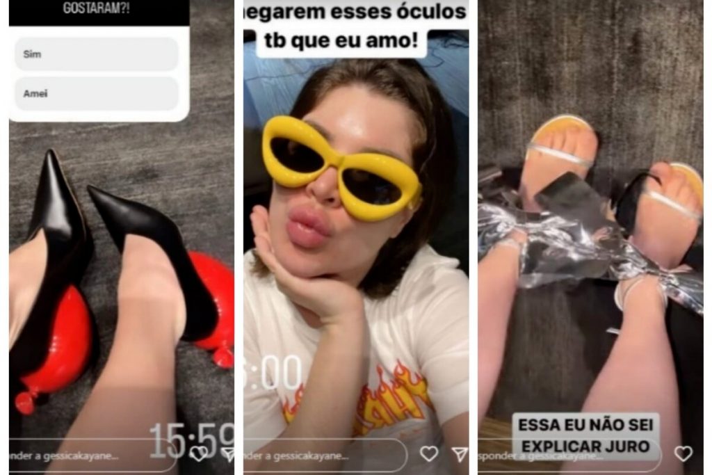 Scarpin preto com sola em forma de balão, Gkay com oculos de haste amarela e sandália prata com laçarote prateado