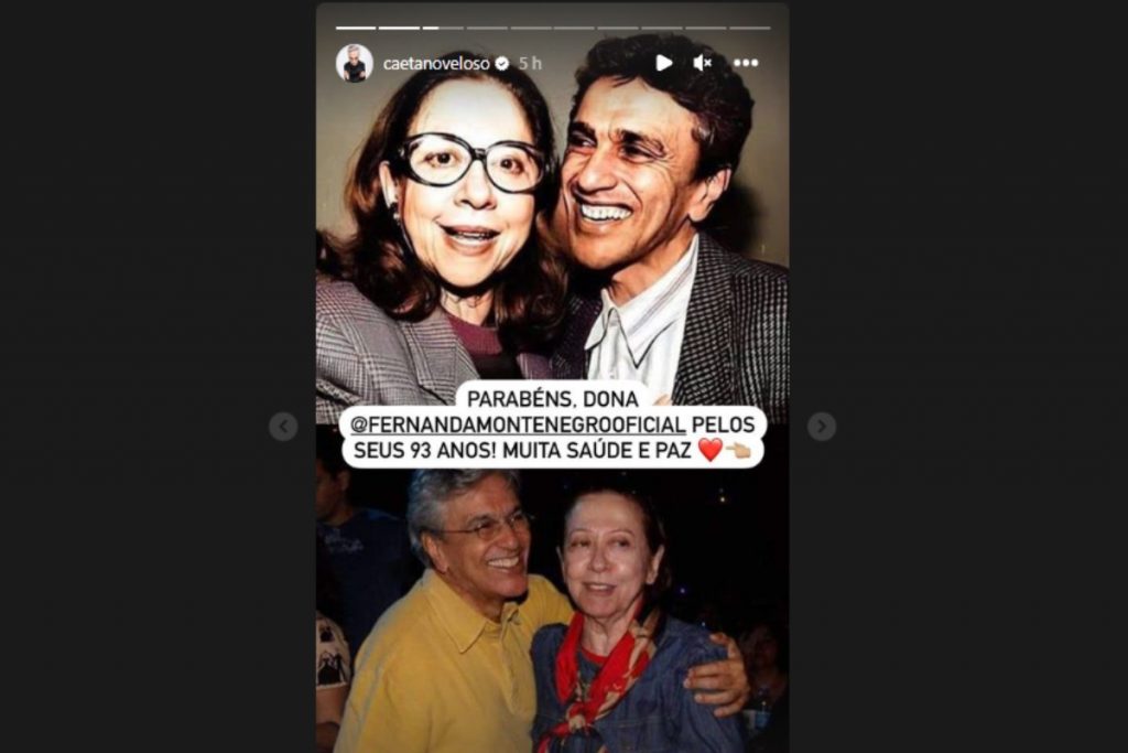 Stories de Caetano Veloso parabenizando Fernanda Montenegro no Instagram