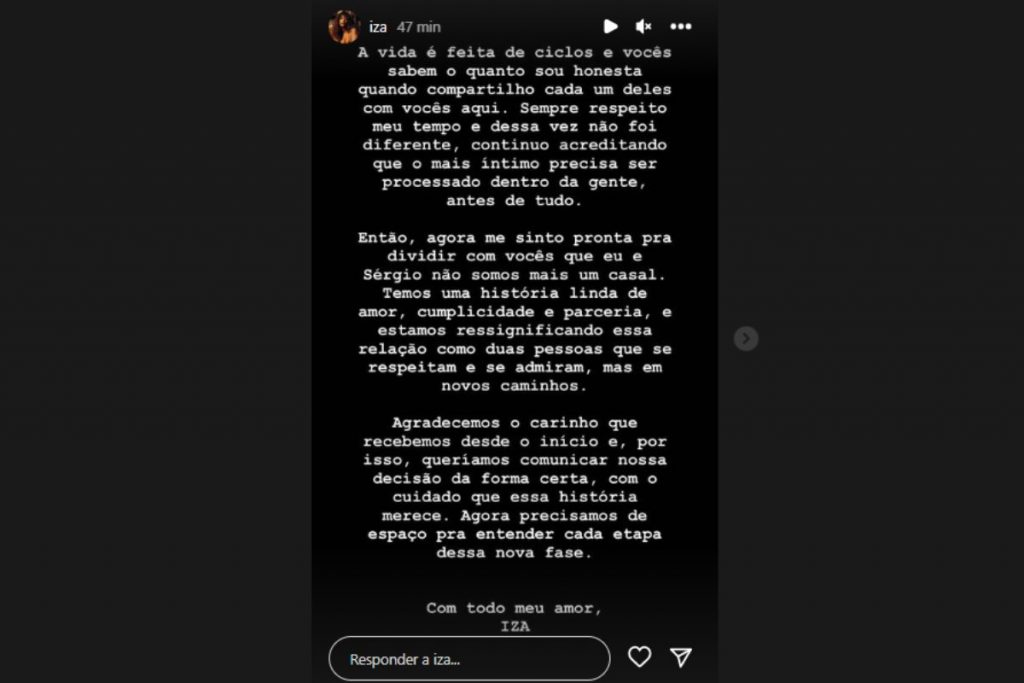 IZA anunciando separação de Sérgio Santos nos stories do Instagram