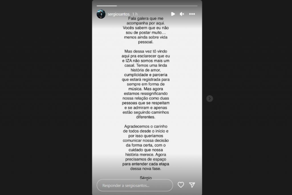 Sérgio Santos anunciando separação de IZA nos stories do Instagram