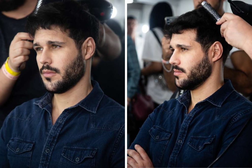 Rodrigo Mussi nos bastidores do desfile da DePedro