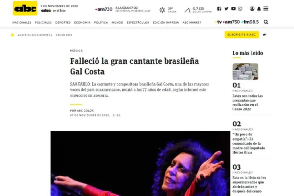 ABC fala da morte de Gal Costa