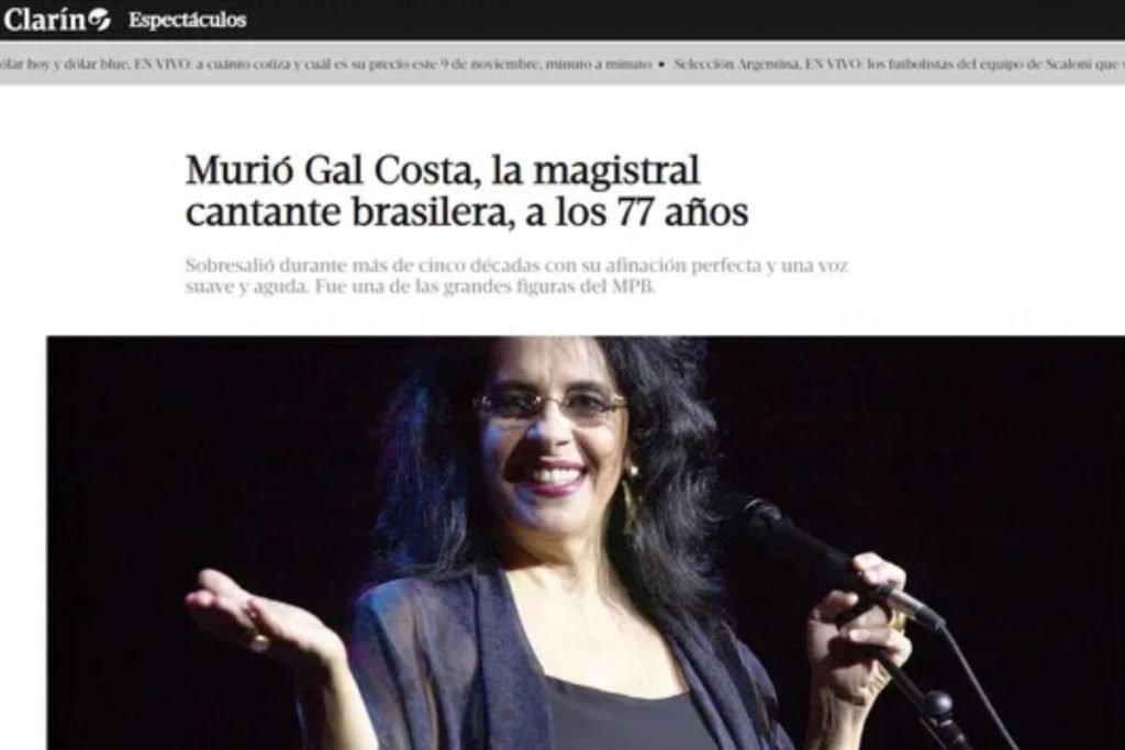 Manchete do jornal Clarin, sobre a morte de Gal Costa