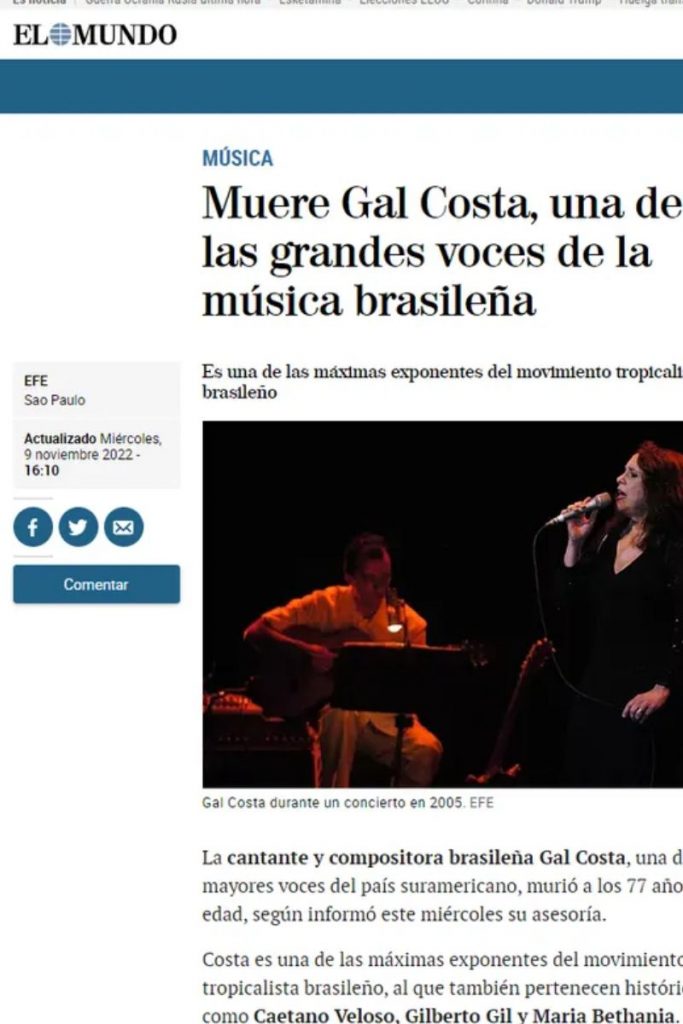 El Mundo fala da morte de Gal Costa