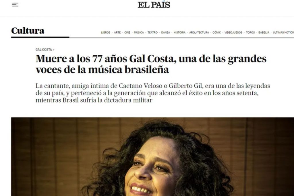 Manchete El País sobre morte de Gal Costa