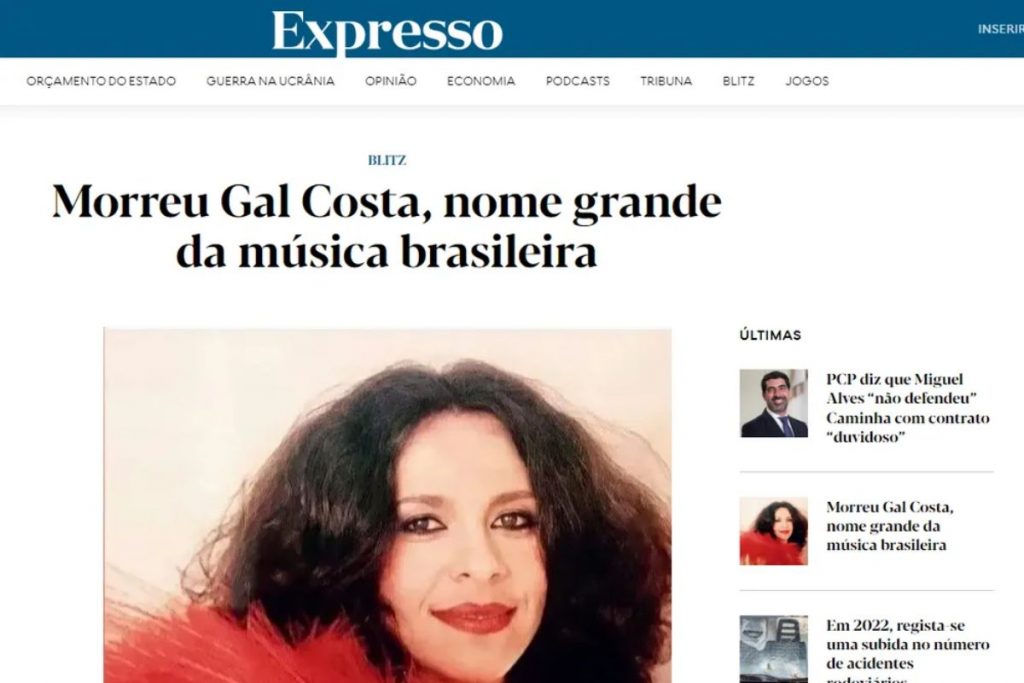 Expresso Portugal noticia morte de Gal Costa