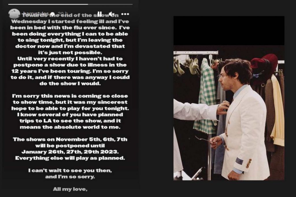 Stories de Harry Styles anunciando adiamento de shows