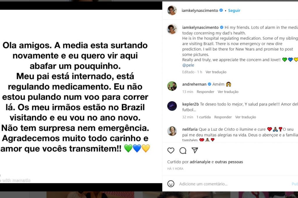 Post da filha de Pelé, sobre saúde do ex-jogador