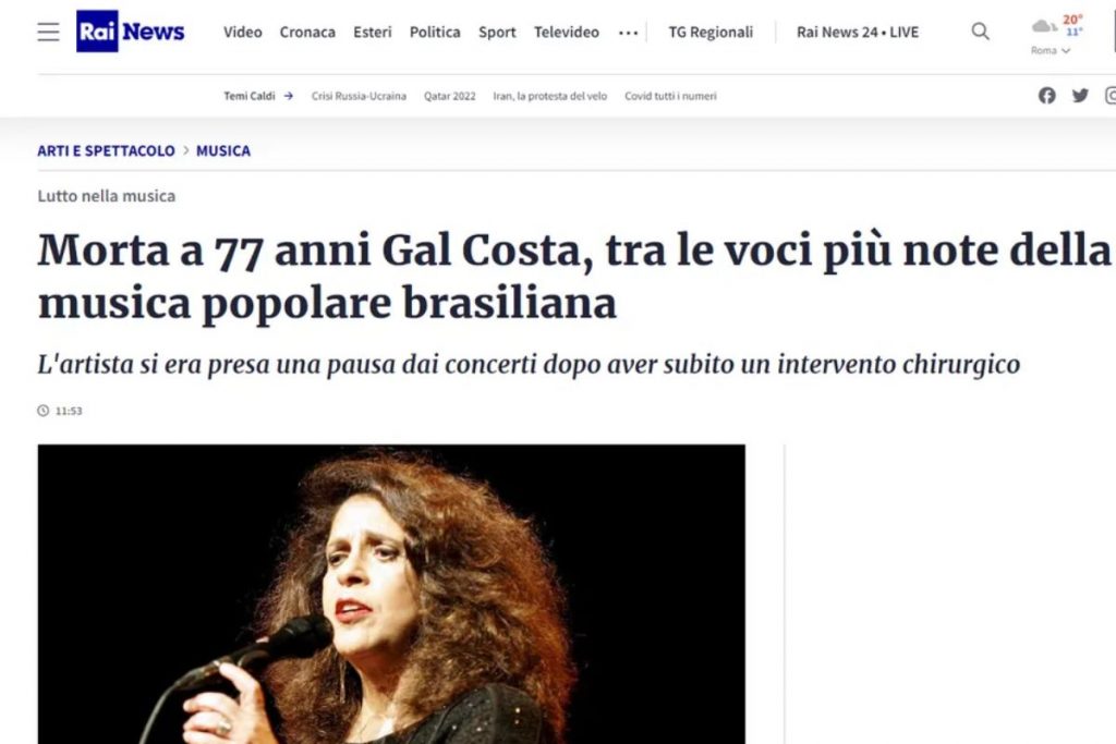 Rai, na Itália, fala da morte de Gal Costa