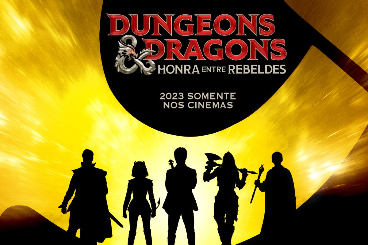 silhuetas e logo em cartaz de dungeons & dragons: honra entre rebeldes