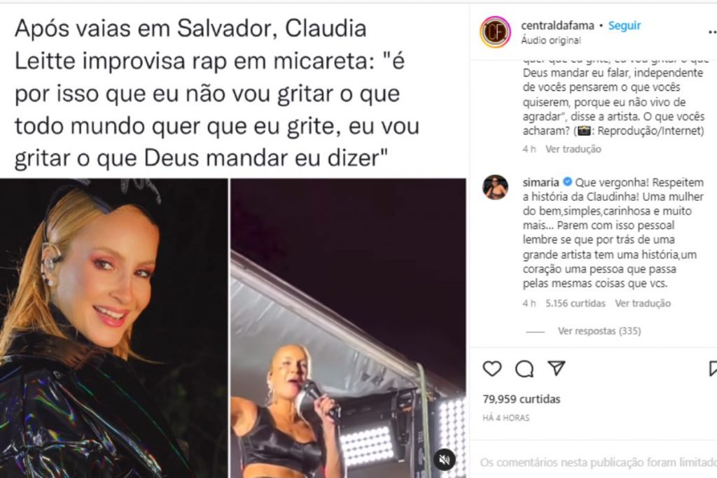 simaria defendendo claudia leitte em postagem no instagram