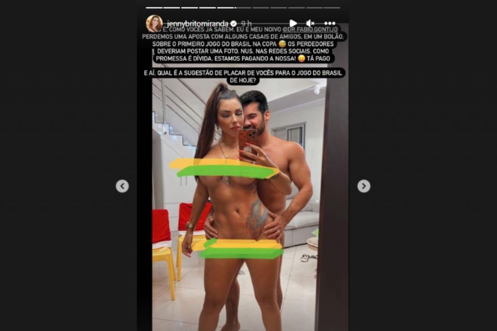Stories de Jenny Miranda e marido nus após perderem aposta no Instagram