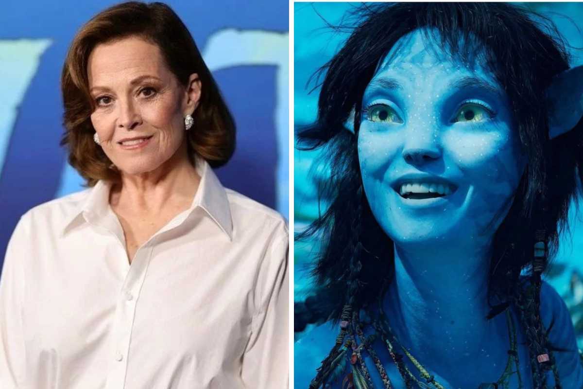 fotomontagem de sigourney weaver na pré estreia de "avatar: o caminho da água" e kiri em cena do filme