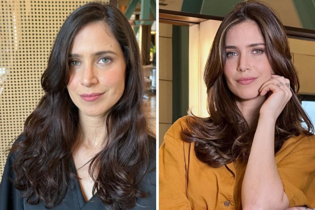 Mel Lisboa mostrando um antes e depois da mudança de visual nos cabelos