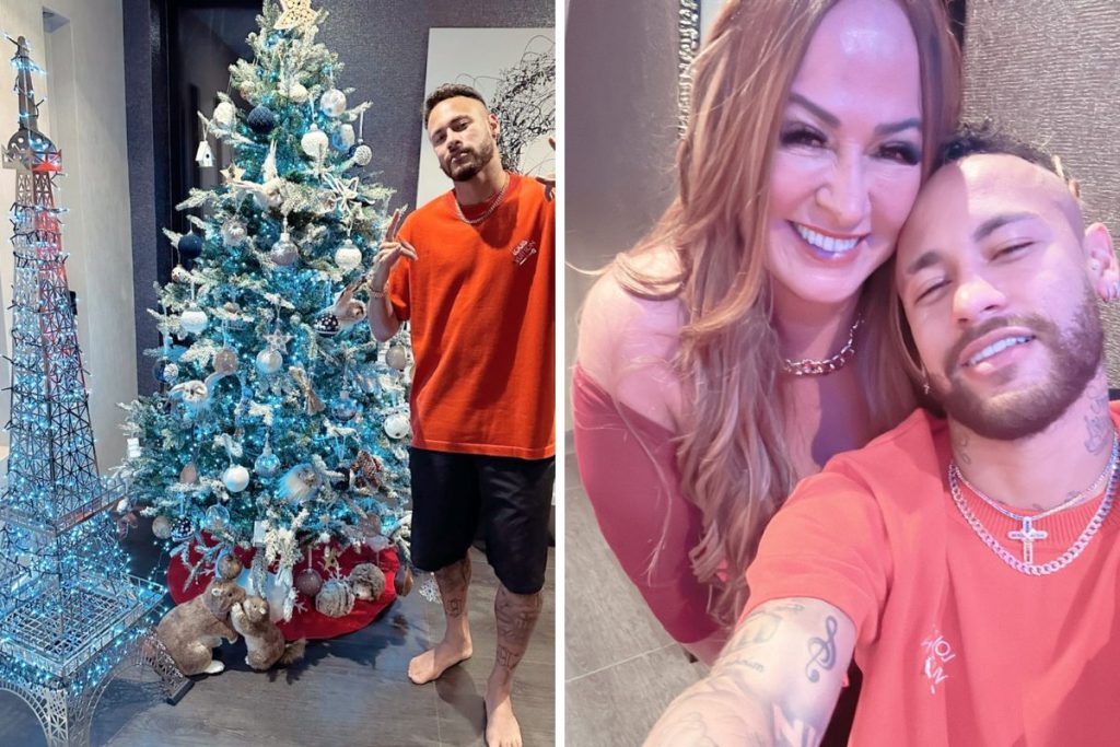 Neymar mostrando árvore de Natal e posando para foto com a mãe