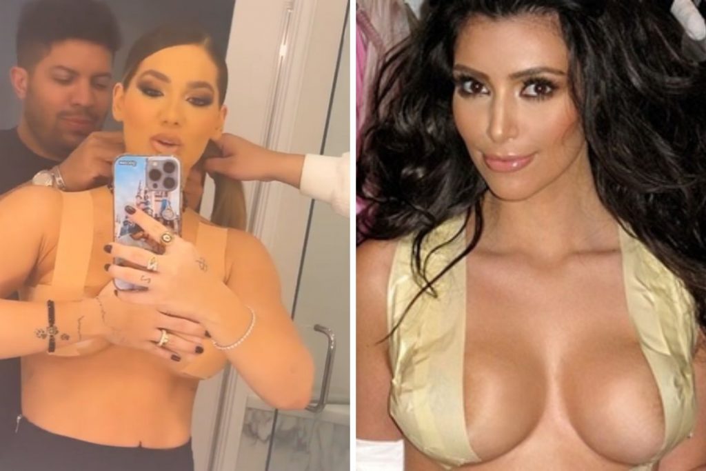 Virgínia Fonseca e Kim Kardashian usando fita adesiva nos seios para usar vestidos decotados