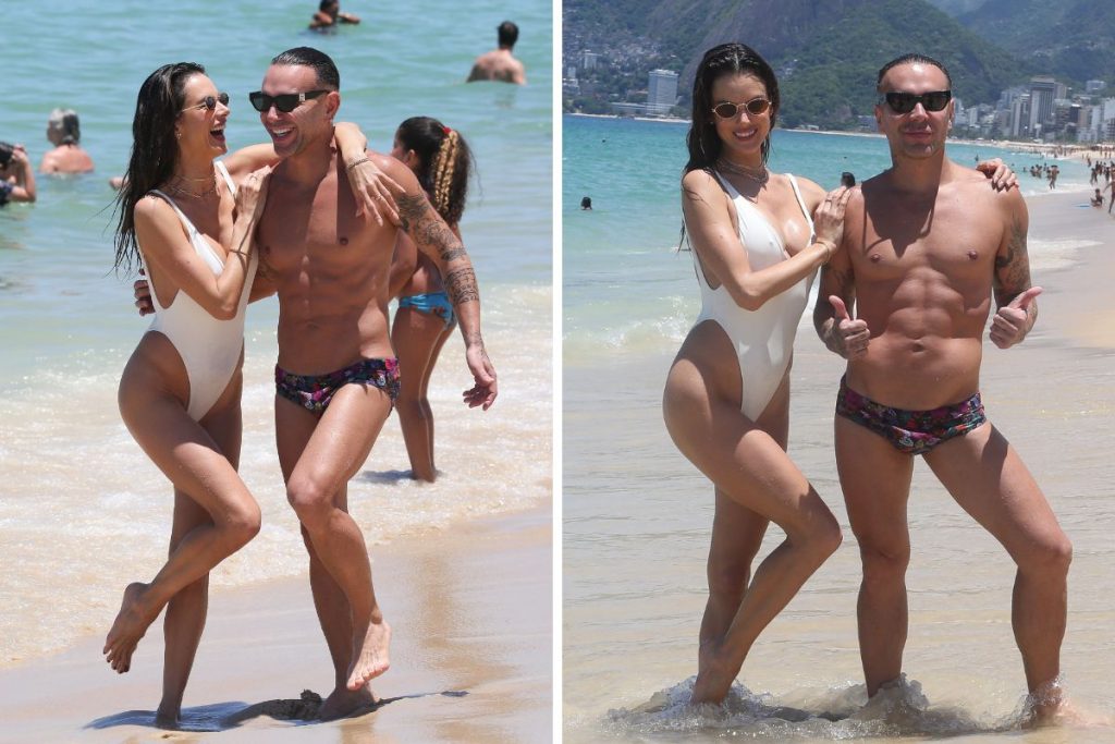 Alessandra Ambrósio em praia com Matheus Mazzafera