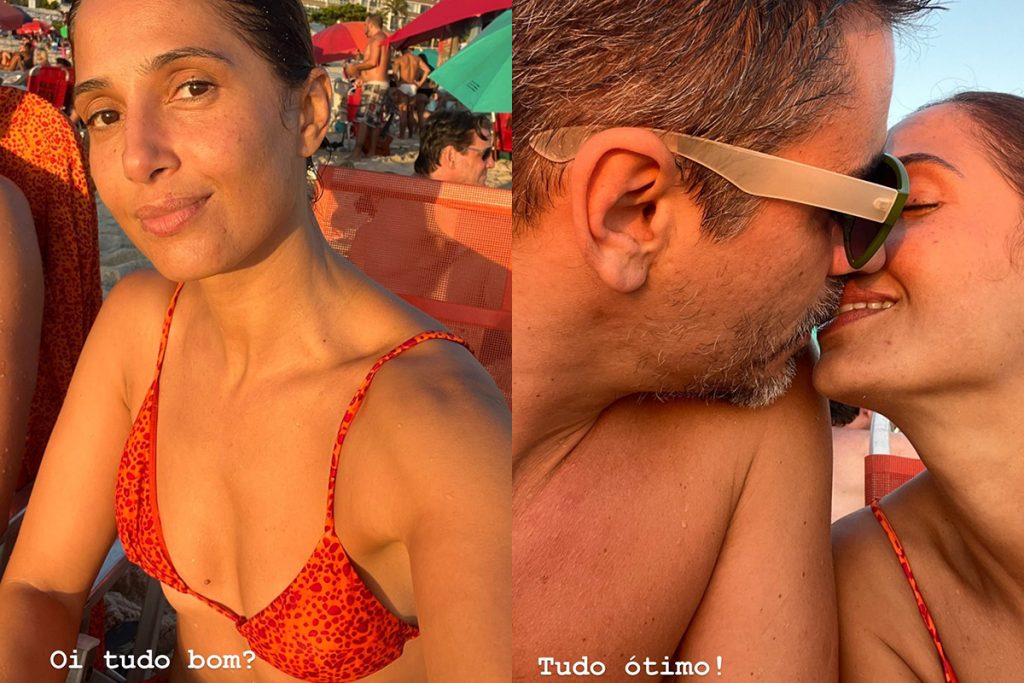 Camila Pitanga troca carinhos com o namorado na praia