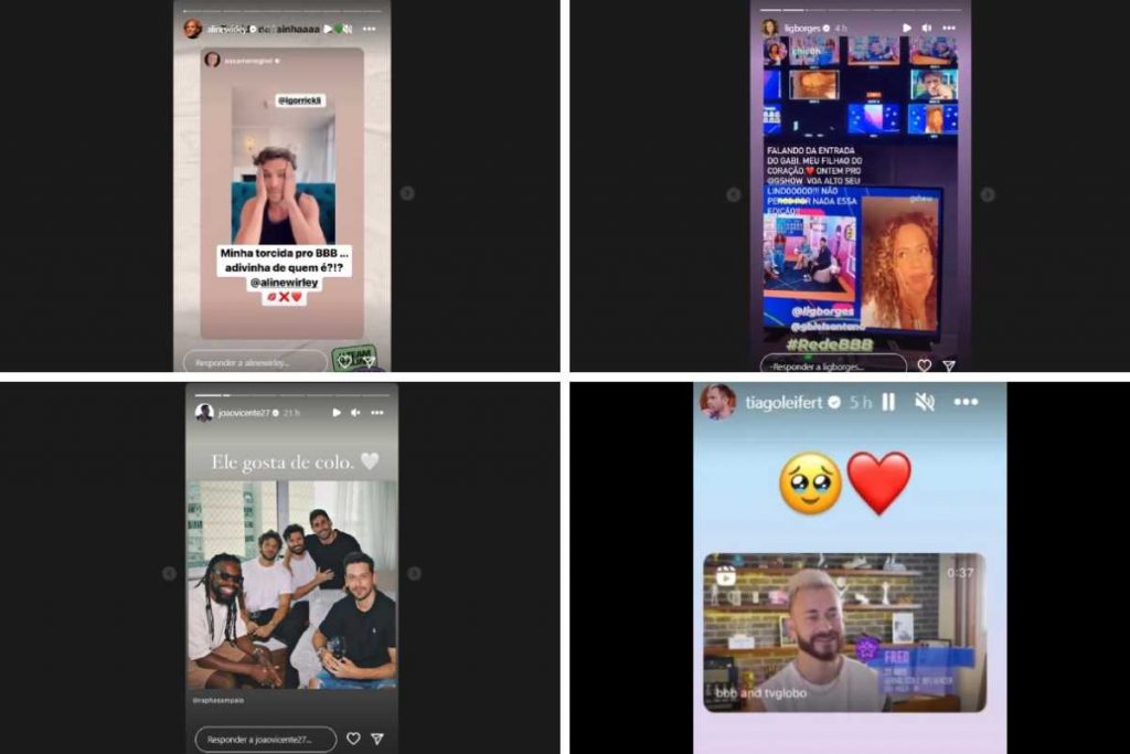 stories de xuxa meneghel, aline borges, joão vicente de castro e tiago leifert declarando torcida no bbb23