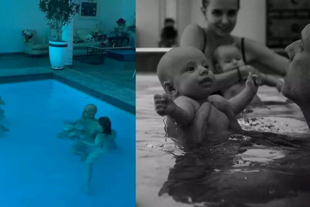Gêmeos de  Isa Scherer na piscina com o avô 