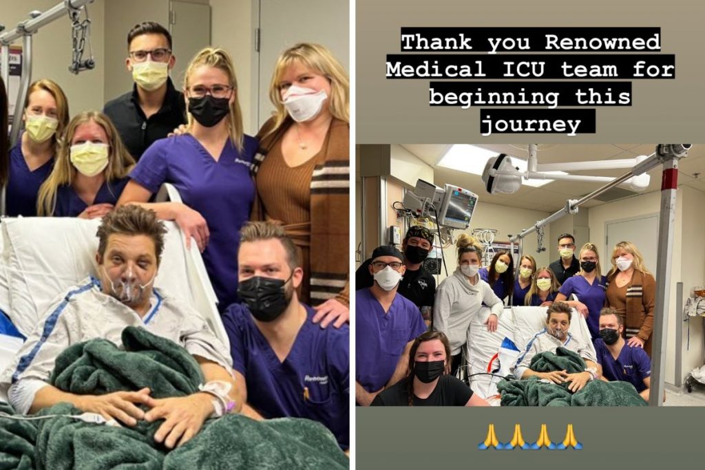 Jeremy Renner ao lado da equipe do hospital