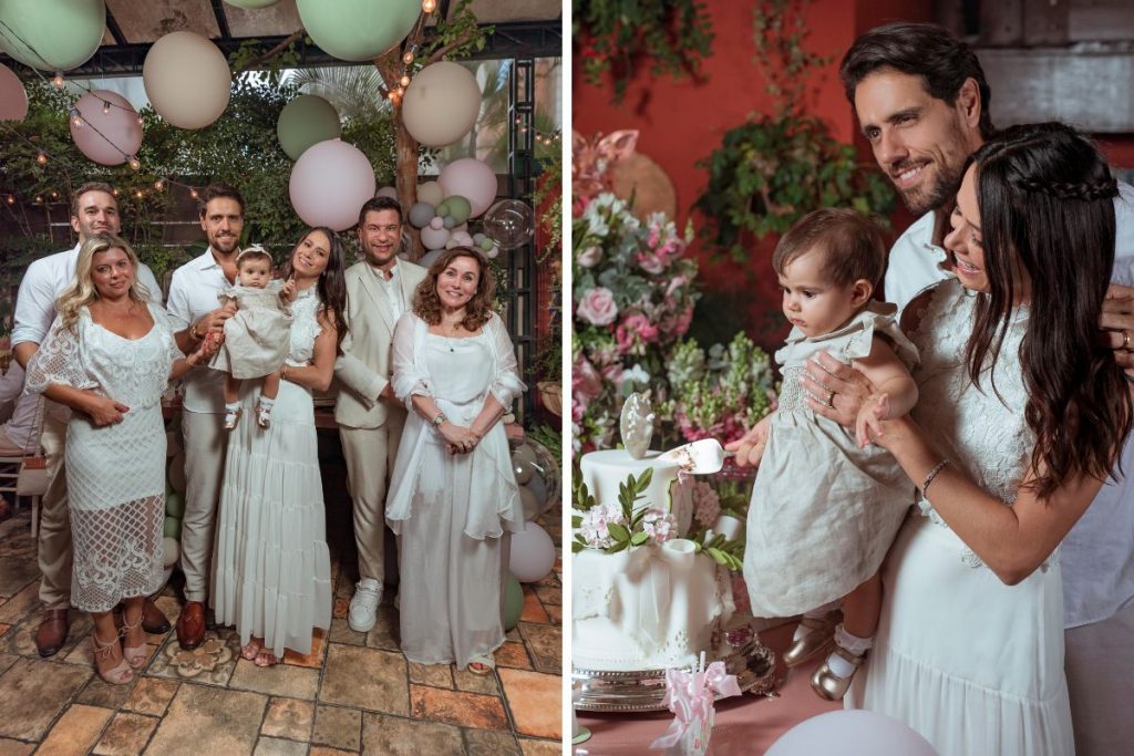 Padrinhos de Angelina ao lado dos pais dela, Thiago Arancam e Aline Frare