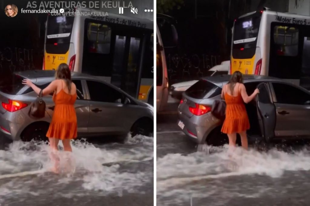 Fernanda Keulla enfrenta a enxurrada para entrar no carro