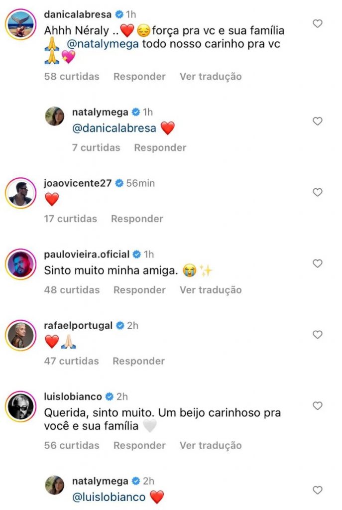 Print de comentários de famosos lamentando morte do pai de Nataly Mega