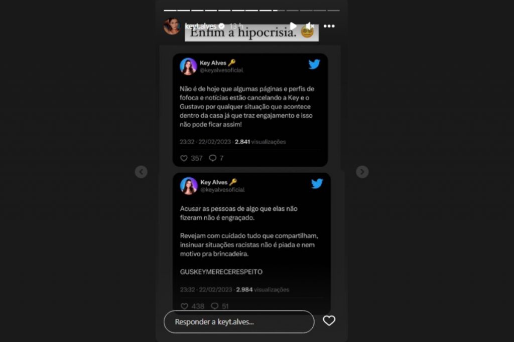 Stories de Keyt Alves criticando piada de Paulo Vieira