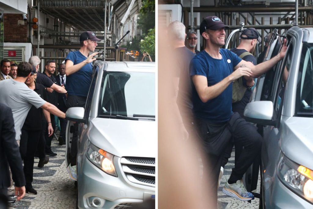 chris martin saindo do hotel para último show do coldplay no rio de janeiro, brasil
