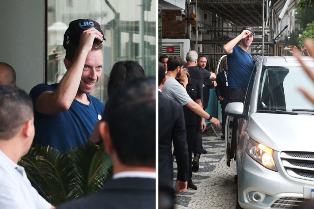 chris martin saindo do hotel para último show do coldplay no rio de janeiro, brasil