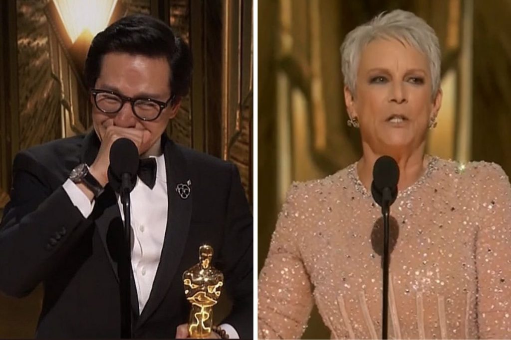 Ke Huy Quan e Jamie Lee Curtis ganhando o Oscar de Melhor Ator e Melhor Atriz Coadjuvantes