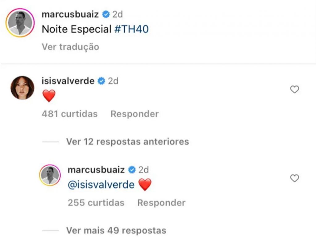 Marcus Buaiz e Isis Valverde trocam emojis apaixonados
