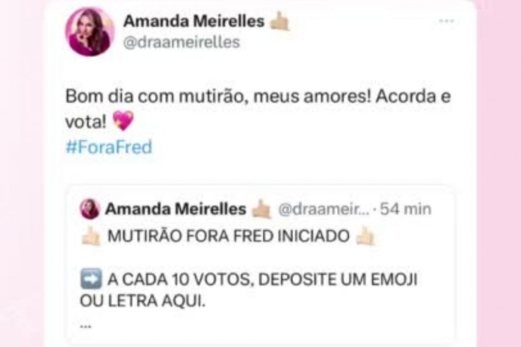 Perfil de Amanda Meirelles pediu mutirão contra Fred Nicácio