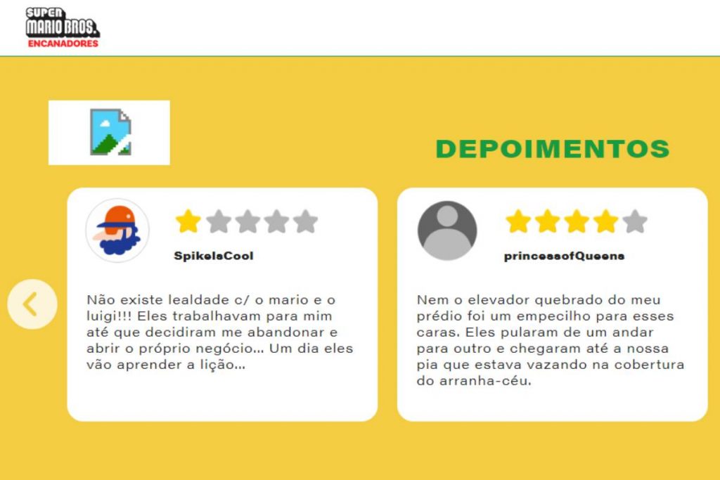 Área de Depoimentos do site Super Mario Bros. Encanadores