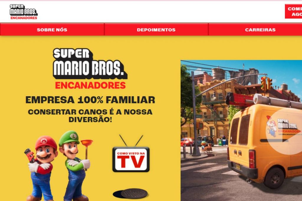 Área inicial do site Super Mario Bros. Encanadores