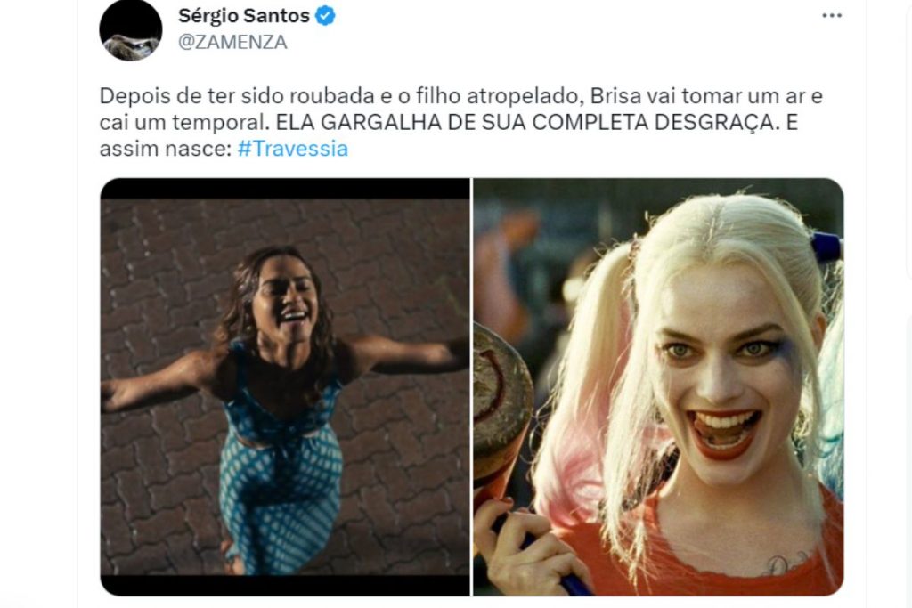 Post onde telespectador faz meme da cena de Brisa na chuva, em Travessia