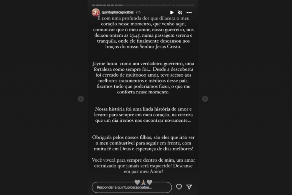 Mariana Mazelli anunciando morte de Jayme Reisen nos stories do Instagram
