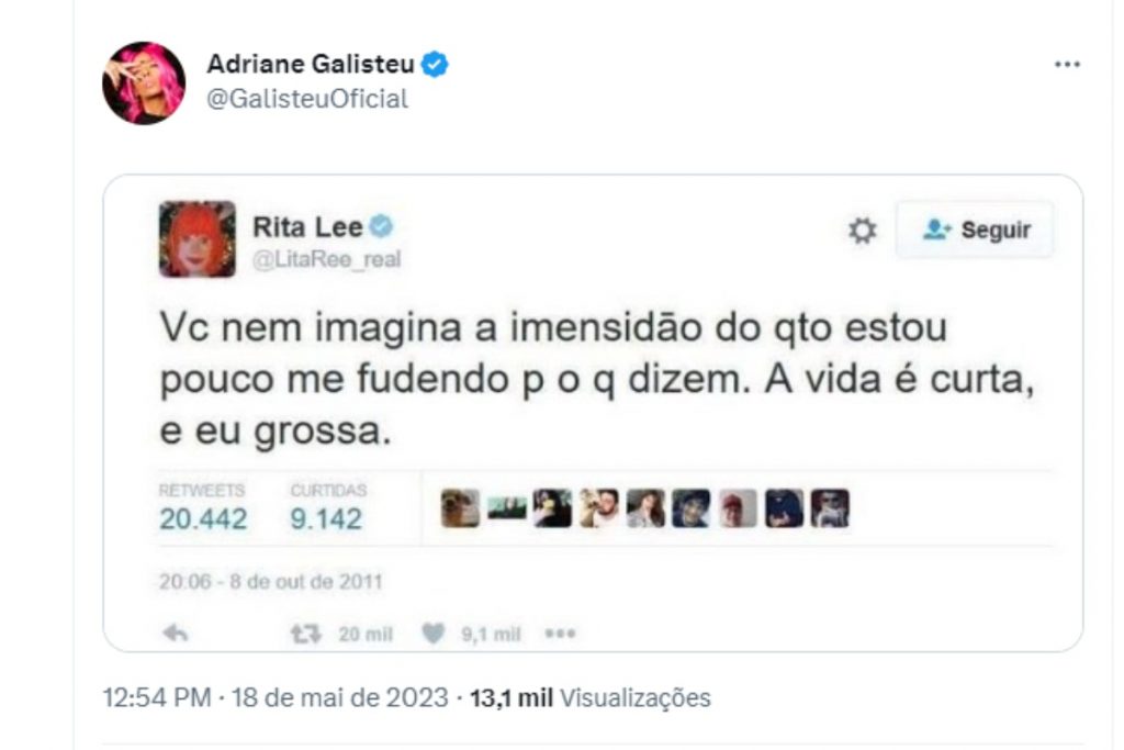 adriane galisteu relembrando frase de rita lee no twitter