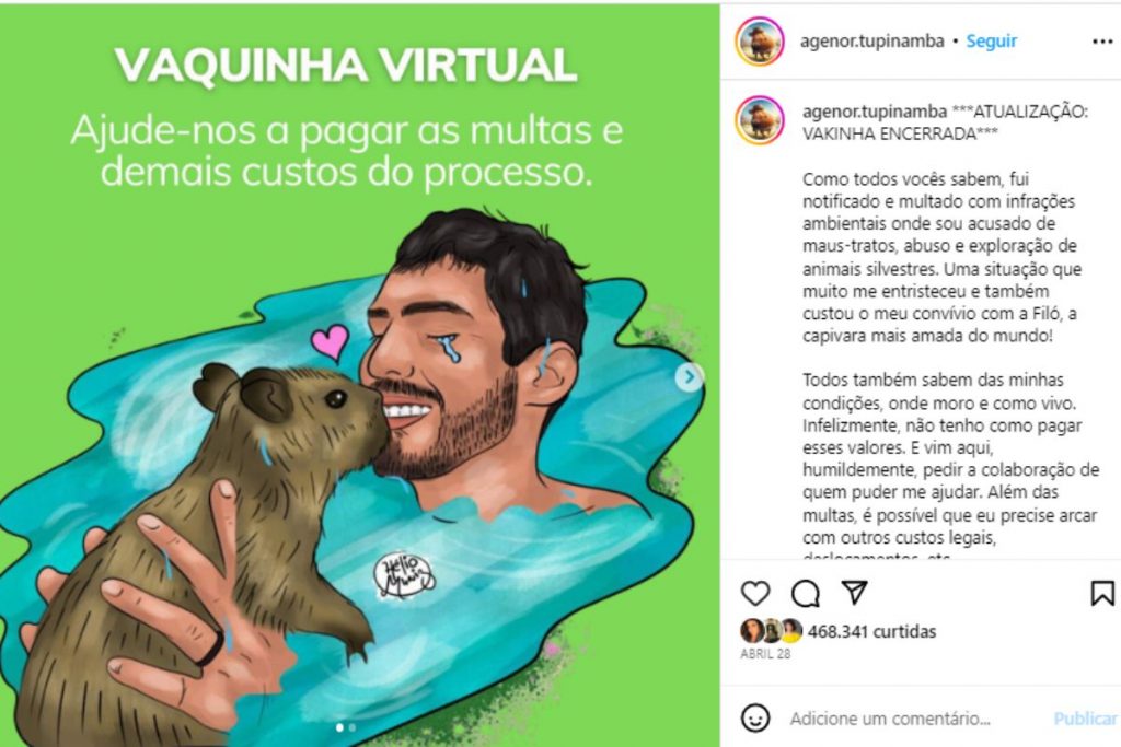 Agenor Tupinambá pedindo ajuda com vaquinha virtual no Instagram