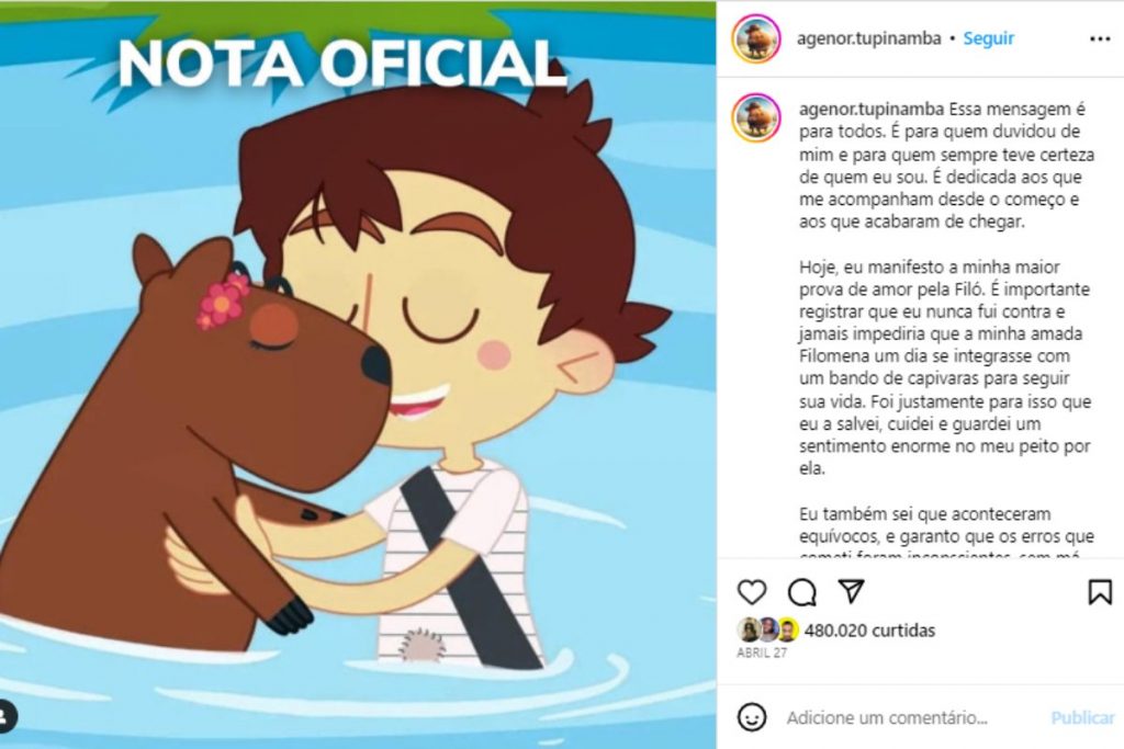 Agenor Tupinambá se pronunciando sobre IBAMA exigir Filó de volta no Instagram