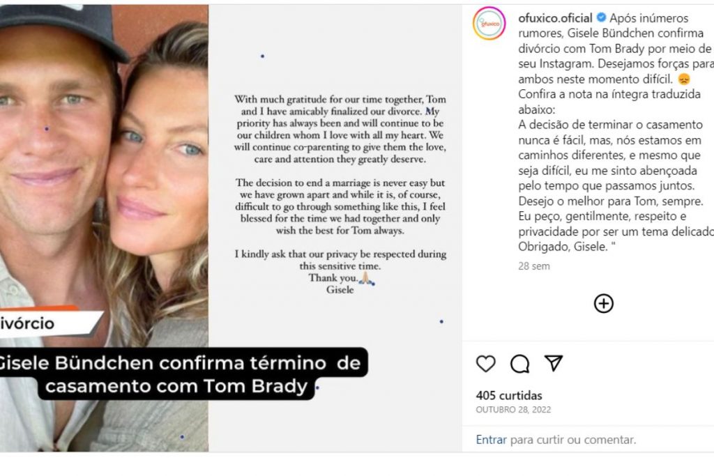 Post de Gisele Bündchen quando anunciou sua separação de Tom Brady