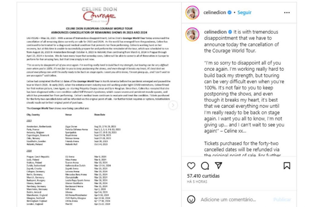 Céline Dion anunciando cancelamento da turnê mundial no Instagram