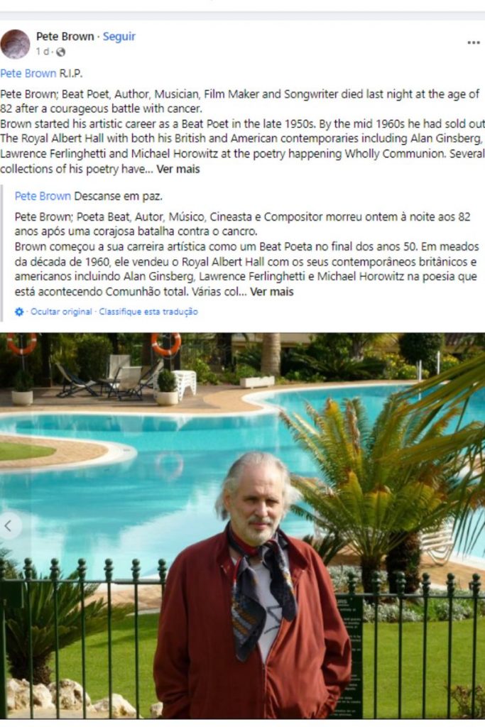 Post anunciando a morte de Pete Brown